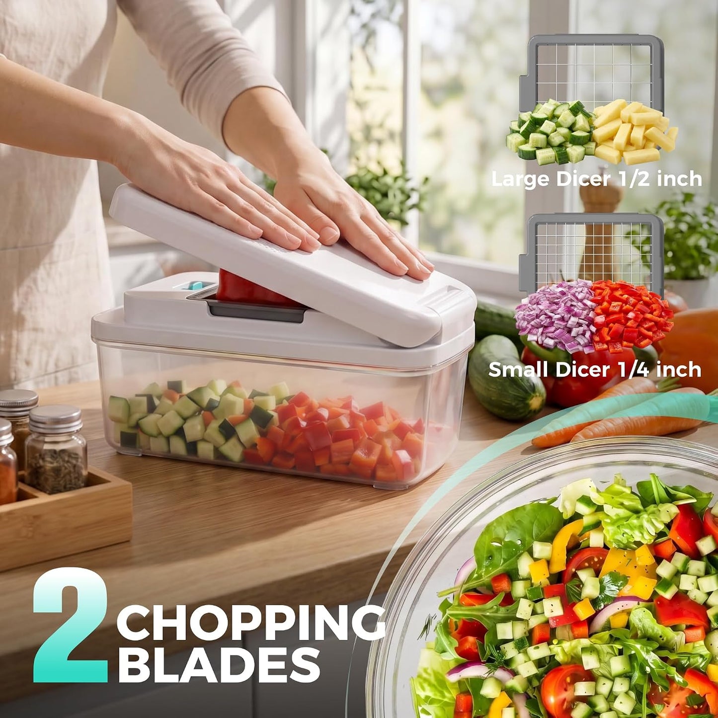 HAUSHOF 9-in-1 Vegetable Chopper & Mandoline Slicer, 7 Blades, Drain Basket | Food and Veggie Chopper and Dicer, Grater, Kitchen Prep Tool with Container, Safety Holder, Interchangeable Blades