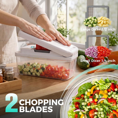 HAUSHOF 9-in-1 Vegetable Chopper & Mandoline Slicer, 7 Blades, Drain Basket | Food and Veggie Chopper and Dicer, Grater, Kitchen Prep Tool with Container, Safety Holder, Interchangeable Blades