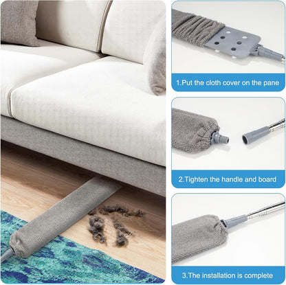 Retractable Gap Dust Cleaner with 15-98 Inch Extension Pole, Flat Duster for Under Appliances and Furniture, Includes 2 Washable Microfiber Pads for High Ceilings and Hard to Reach Spaces