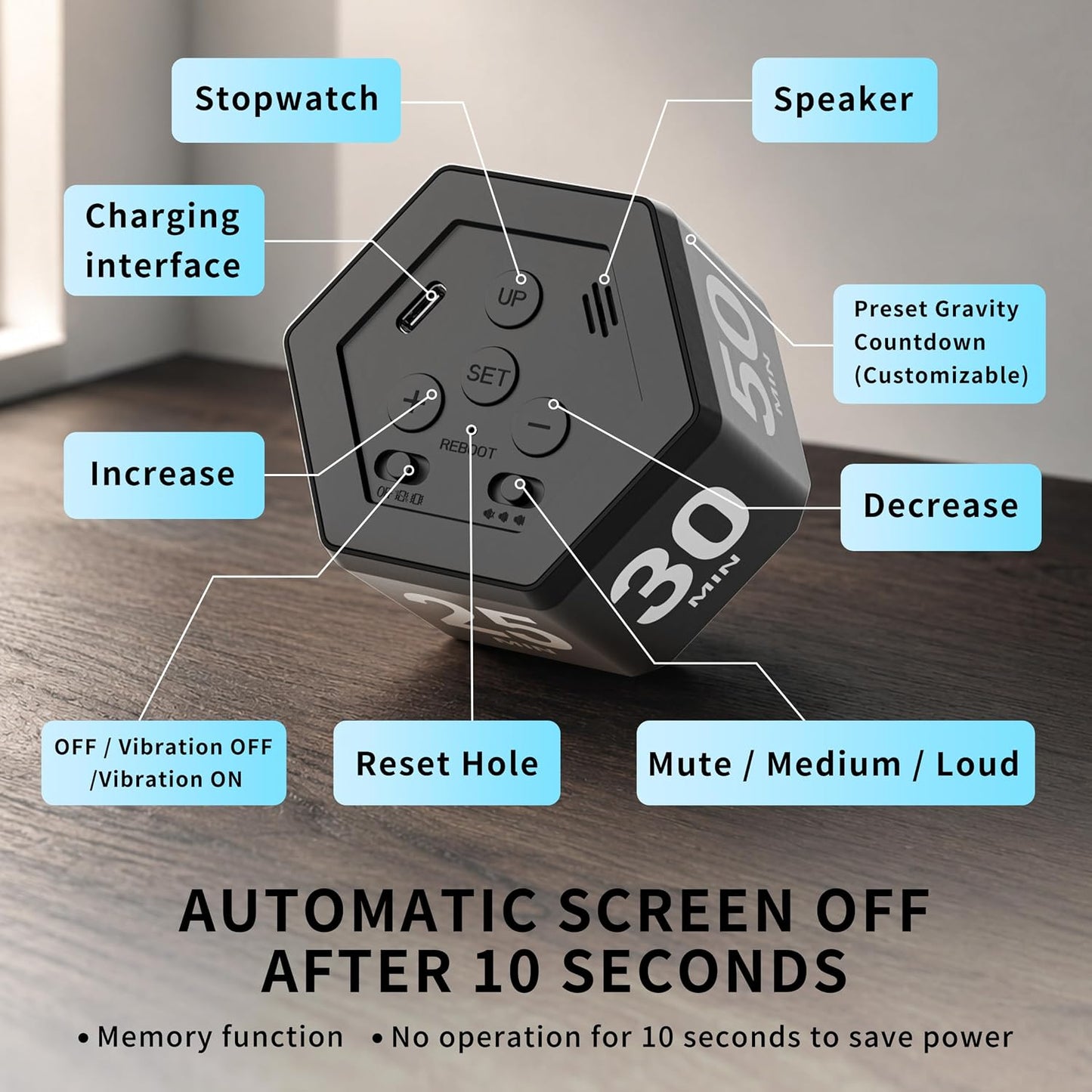 Visual Cube Timer with Visual Countdown, 5 & 25 Min Presets | 6 preset times (25, 5, 3, 10, 30 & 50 min), silent, vibration and sound alerts for study, work and classroom use