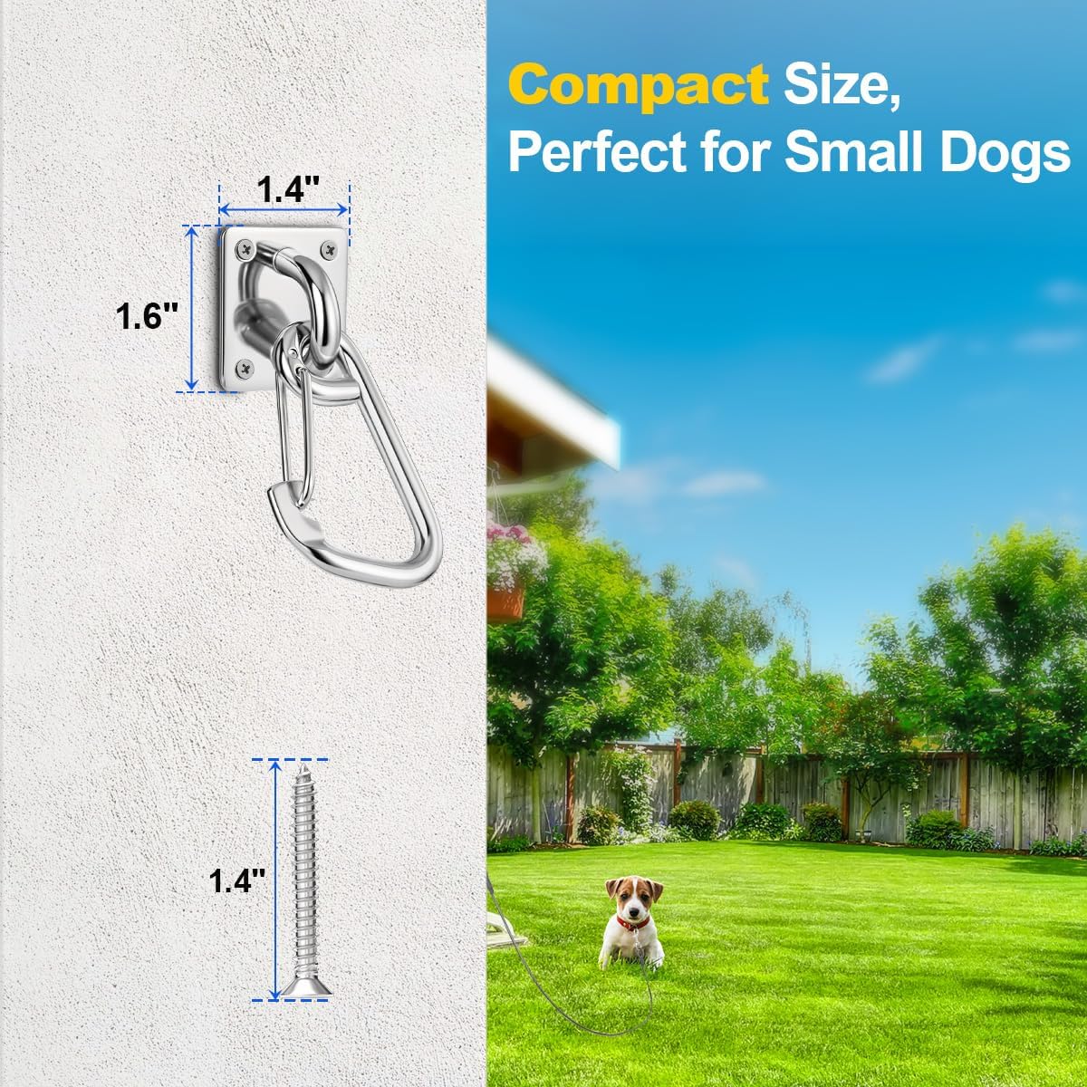 Dog Leash Holder for Wall with Tie Out Cable, 304 Stainless Steel Heavy Duty Hook with Anti-Escape Design, Indoor & Outdoor Pet Leash Anchor for Small and Medium-Sized Dogs, 1 Pack