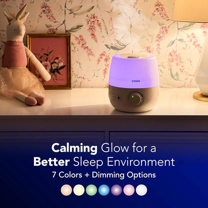 Vicks NaturalCare Cool Mist Ultrasonic Humidifier, White | Small Room Humidifier for Bedroom, Diffuser with Nighttime Light, Works with Vicks VapoPads