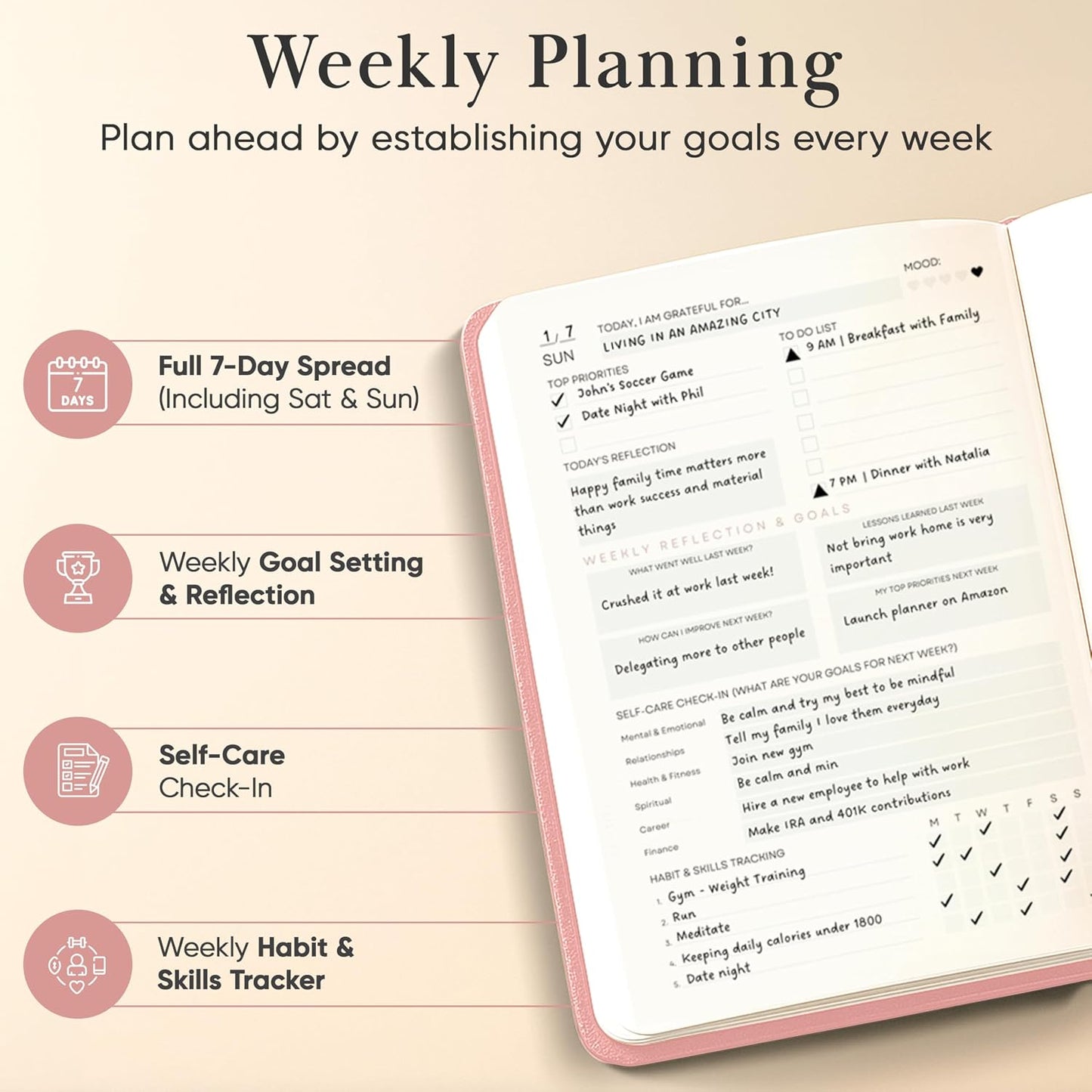2026 Planner, Daily Journal & Gratitude Journal All-In-One with To Do List, Self Care Prompts & Habit Tracker - 7 x 10 - Pink