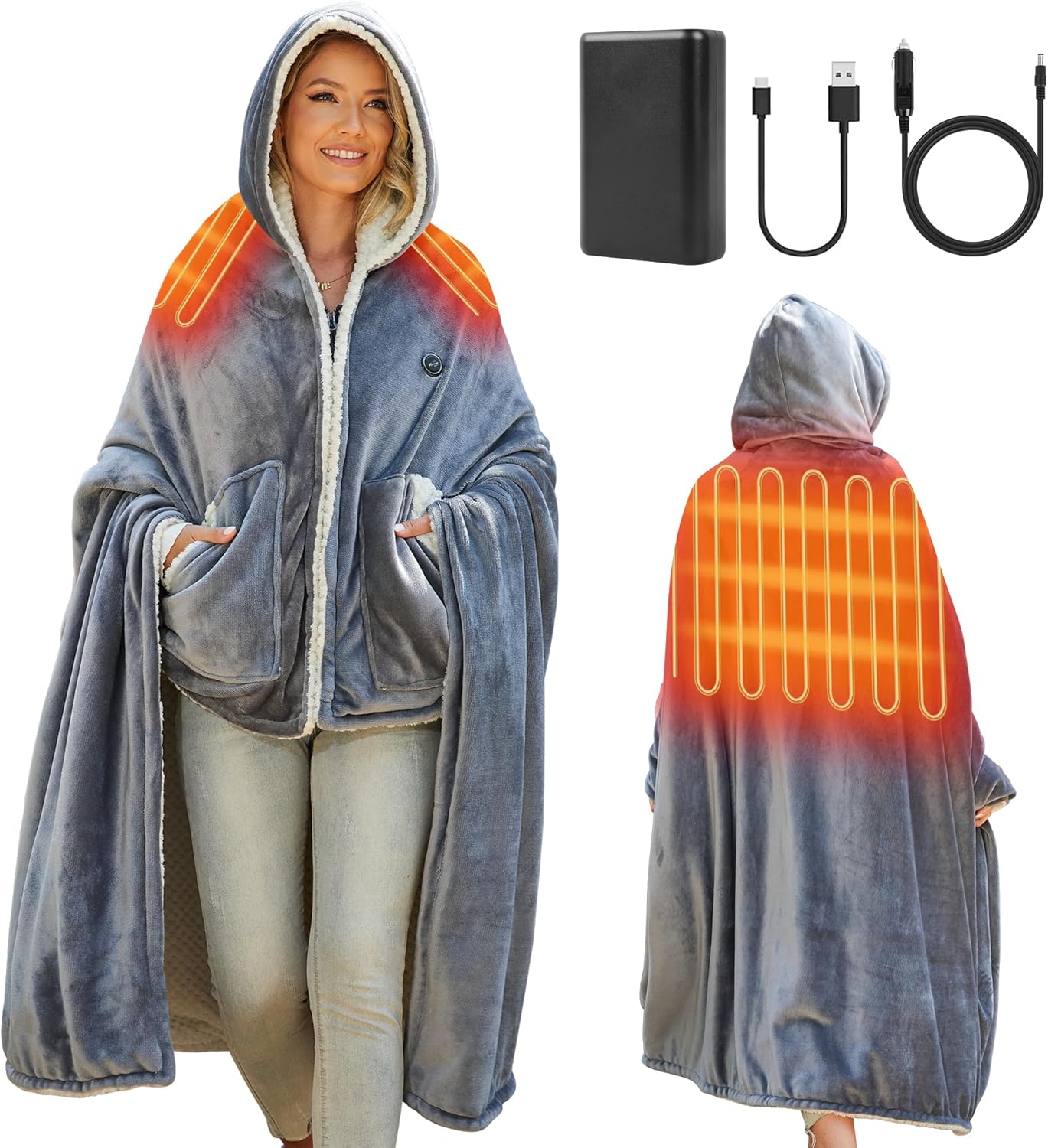 PETREL Wearable Heated Shawl Poncho Blanket,3 Heat Sets | Cordless Heated Throw Blanket,Battery Operated, Sherpa Lining Portable Electric Wrap Hoodie for Car,Indoor,Camping,Picnic