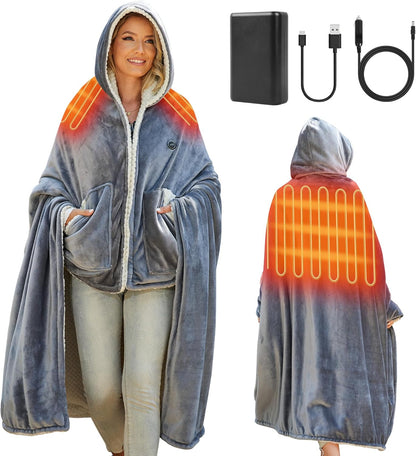 PETREL Wearable Heated Shawl Poncho Blanket,3 Heat Sets | Cordless Heated Throw Blanket,Battery Operated, Sherpa Lining Portable Electric Wrap Hoodie for Car,Indoor,Camping,Picnic