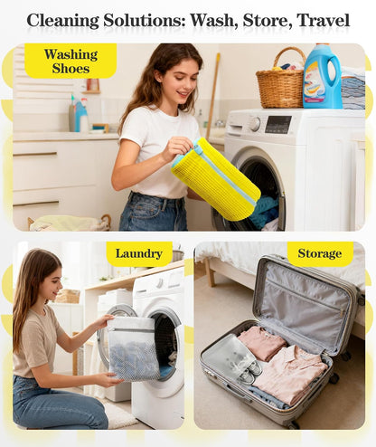 3-IN-1 Laundry & Shoe Washing Machine Bag : Laundry Shoe Bag for Washer & Dryer,Shoe Cleaning Bag for Sneakers,Tennis,Self-locking Zipper & Microfiber,Include 3 Laundry Bag & 2 Shoe Bag