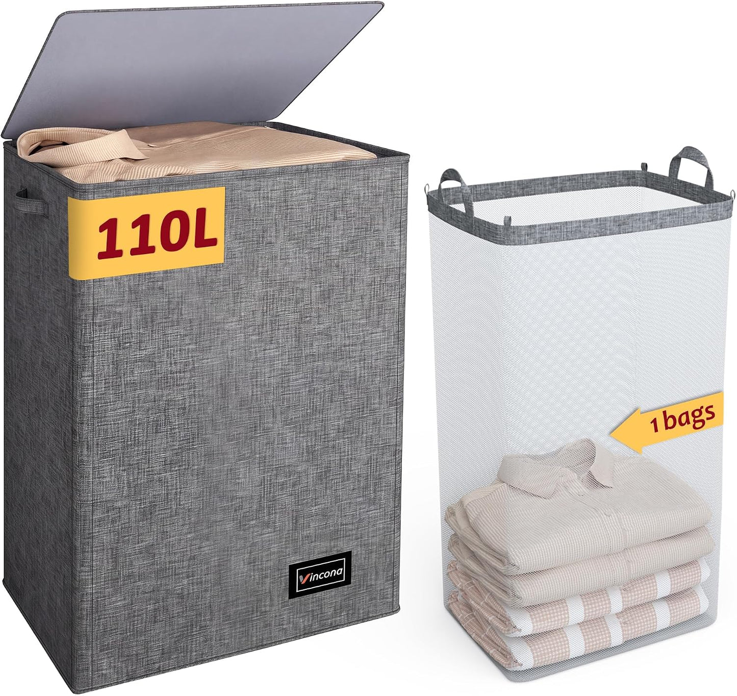 195L Laundry Hamper 3 Section,Large Laundry Hamper with Lid,Dirty Clothes Hamper with 3 Inner Bags,Collapsible Laundry Basket Organizer for Laundry Room,Bedroom,Laundry Sorter Hamper 3 Compartment