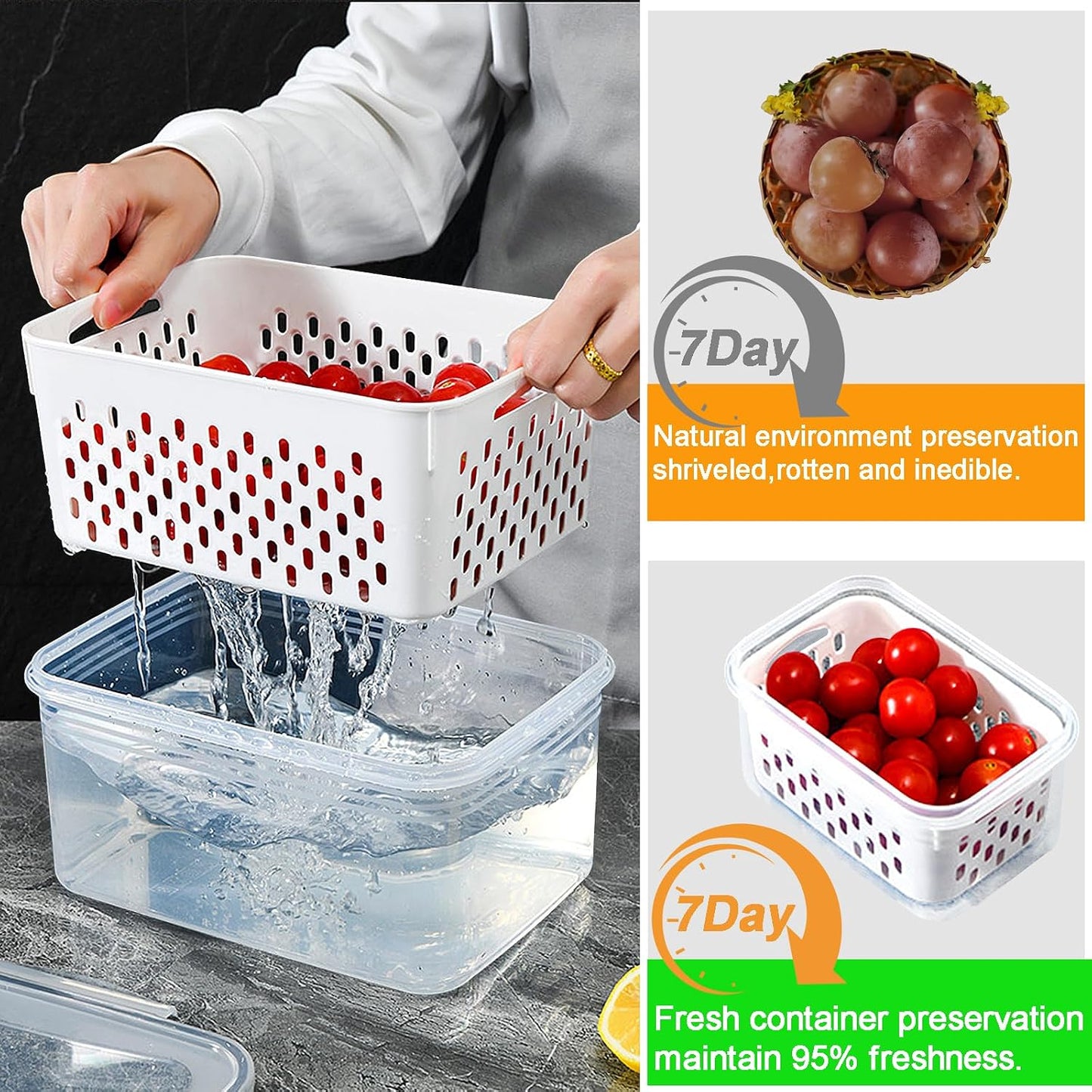 3Pack Fridge Food Storage Container Set with Lids with Strainer, Fruit Vegetable Storage Containers Keep Fruits, Vegetables, Berry, Meat Fresh longer, BPA-Free Plastic Produce Keepers