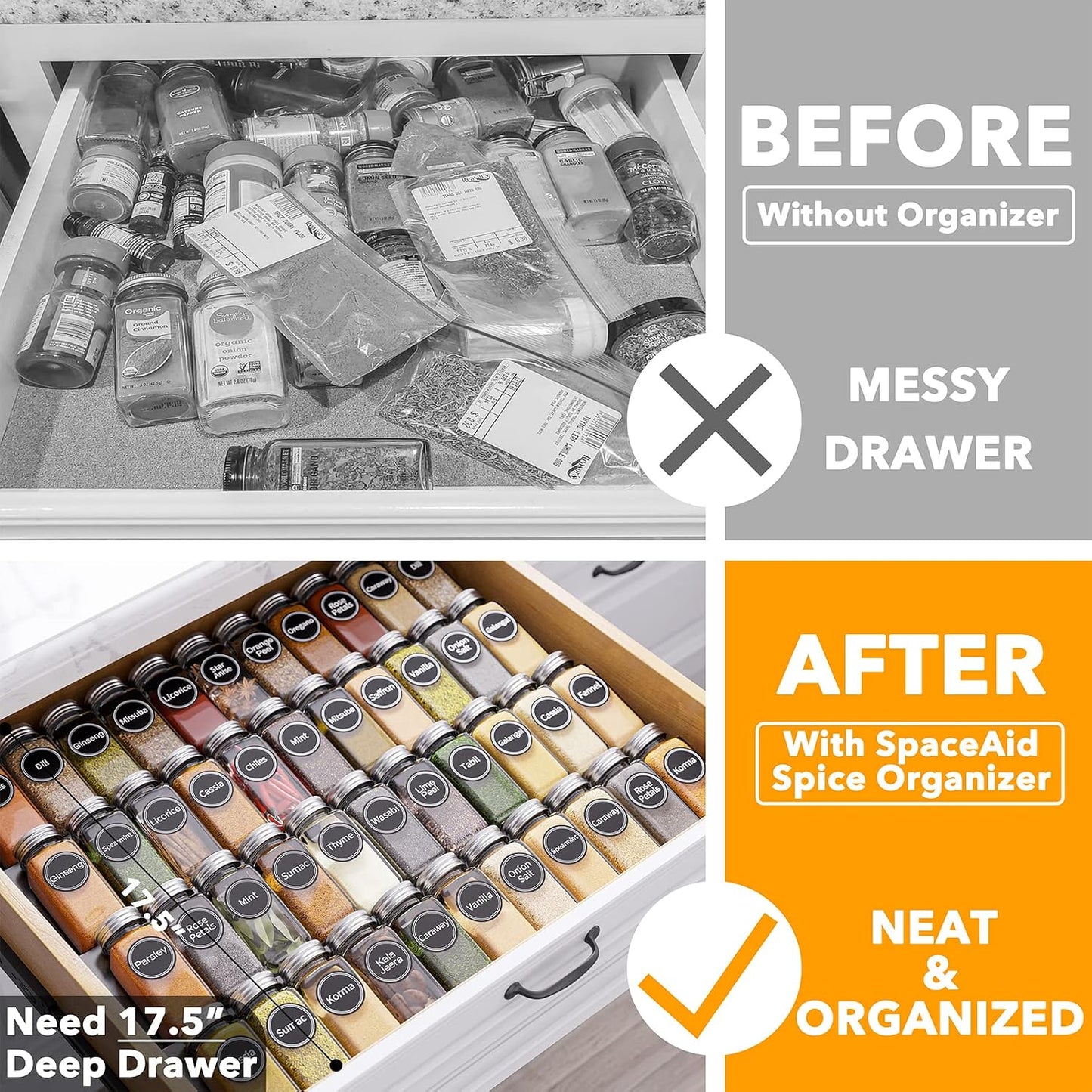 SpaceAid Spice Drawer Organizer with 28 Spice Jars, 386 Spice Labels, 4 Tier Seasoning Rack Tray Insert for Kitchen Drawers, 13" Wide x 17.5" Deep