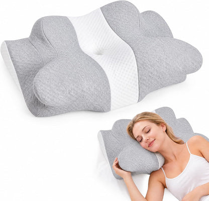 NEWBULIG Cervical Neck Pillow, Ergonomic Contour Memory Foam and Detachable Roll Pillow for Neck Pain Relief Side Back Stomach Sleepers with Cooling Breathable Cover