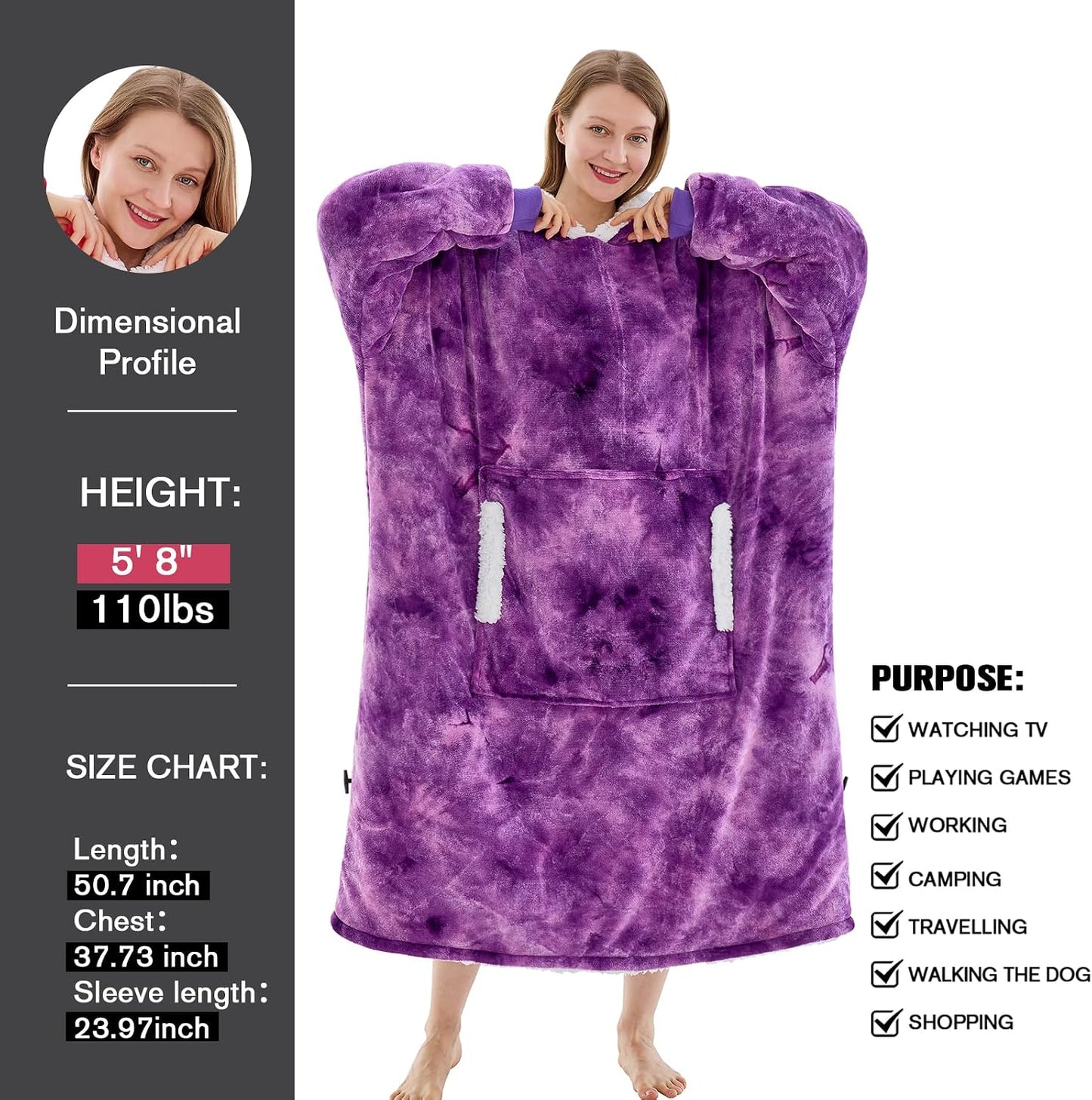 yescool Wearable Blanket Hoodie, Flannel Sherpa Fleece Blanket Sweatshirt for Adults Women Men,One Size Fits All - Colors B