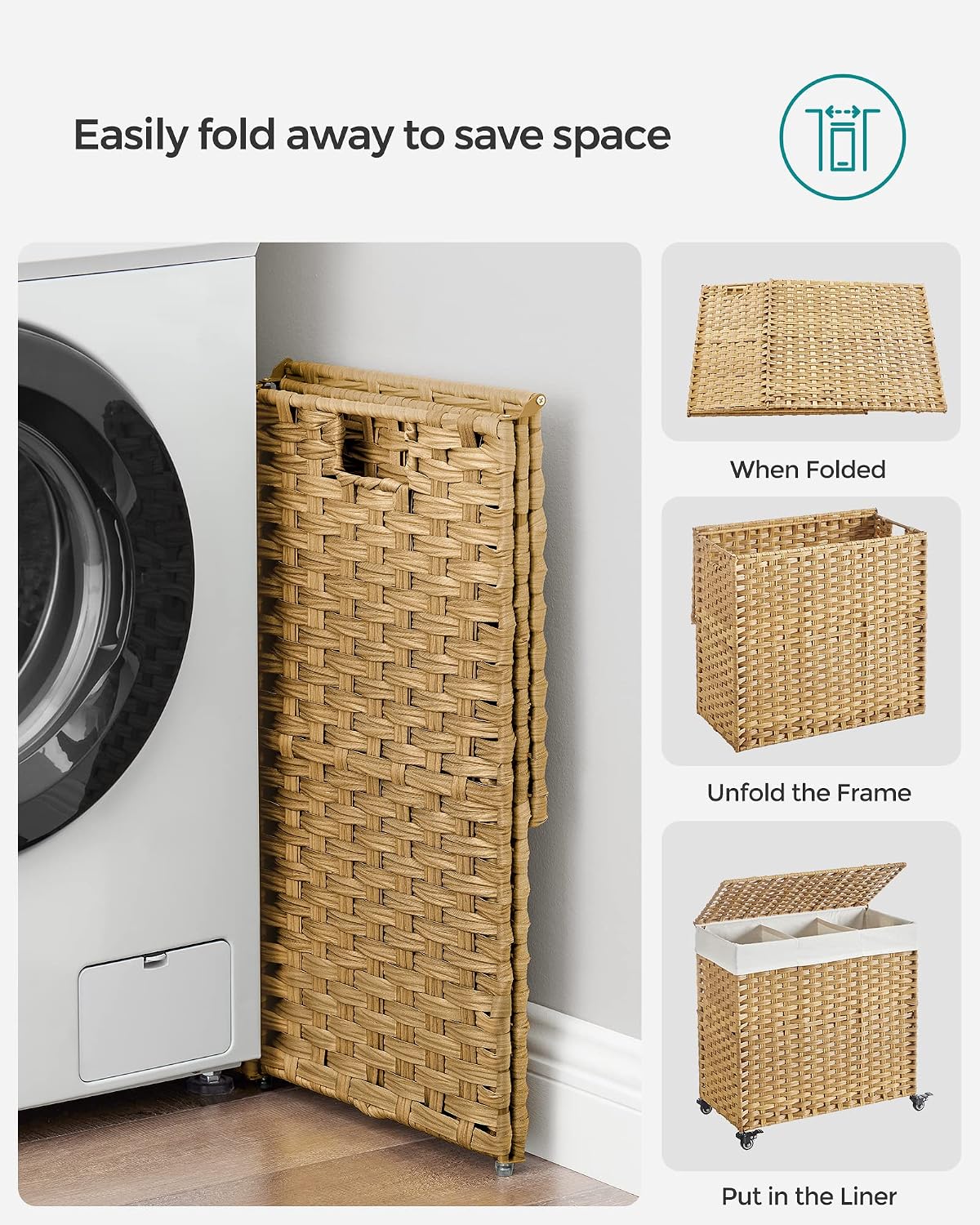 SONGMICS Laundry Hamper with Lid, 42.3 Gallons (160 L), Rolling Laundry Basket with Wheels, 3-Section Synthetic Rattan, Removable Liner, Bedroom, 29.9 x 13 x 26 Inches, Natural ULCB365N01