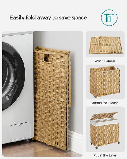 SONGMICS Laundry Hamper with Lid, 42.3 Gallons (160 L), Rolling Laundry Basket with Wheels, 3-Section Synthetic Rattan, Removable Liner, Bedroom, 29.9 x 13 x 26 Inches, Natural ULCB365N01