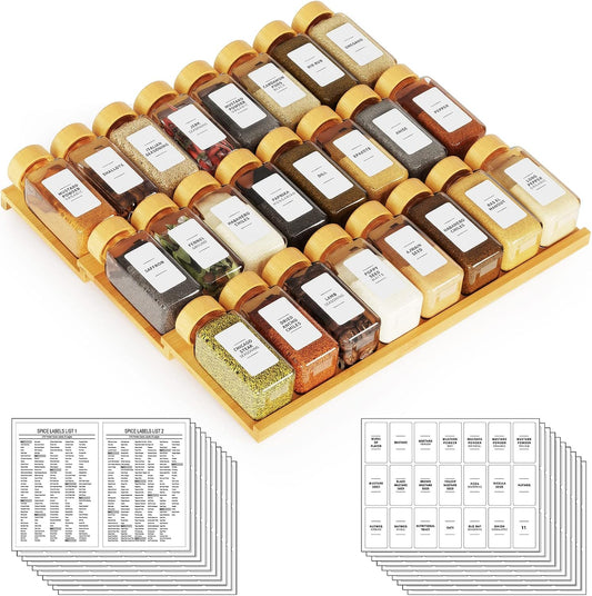 SpaceAid Bamboo Spice Drawer Organizer with 24 Spice Jars, 378 White Minimalist Spice Labels, 3 Tier Seasoning Rack Tray Insert for Kitchen Drawers, 15" Wide x 15" Deep x 2.6" Tall