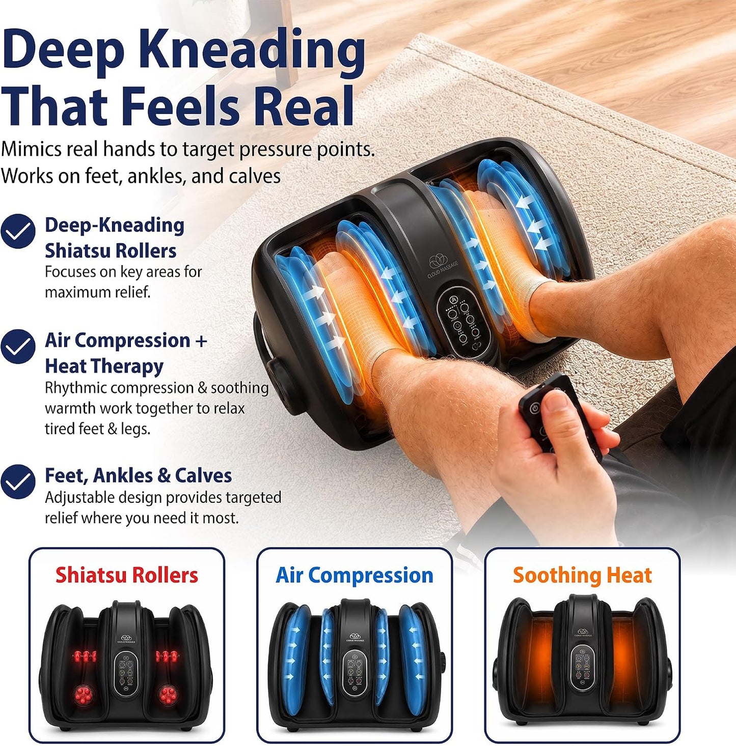 Shiatsu Foot Massager with Heat, Standard Size, White | Deep Kneading & Compression, Adjustable Intensity, Multi-Mode Leg and Foot Massager with Remote Control, Anti-Slip Base