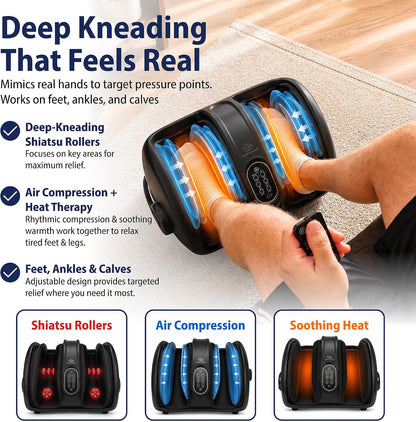 Shiatsu Foot Massager with Heat, Standard Size, White | Deep Kneading & Compression, Adjustable Intensity, Multi-Mode Leg and Foot Massager with Remote Control, Anti-Slip Base