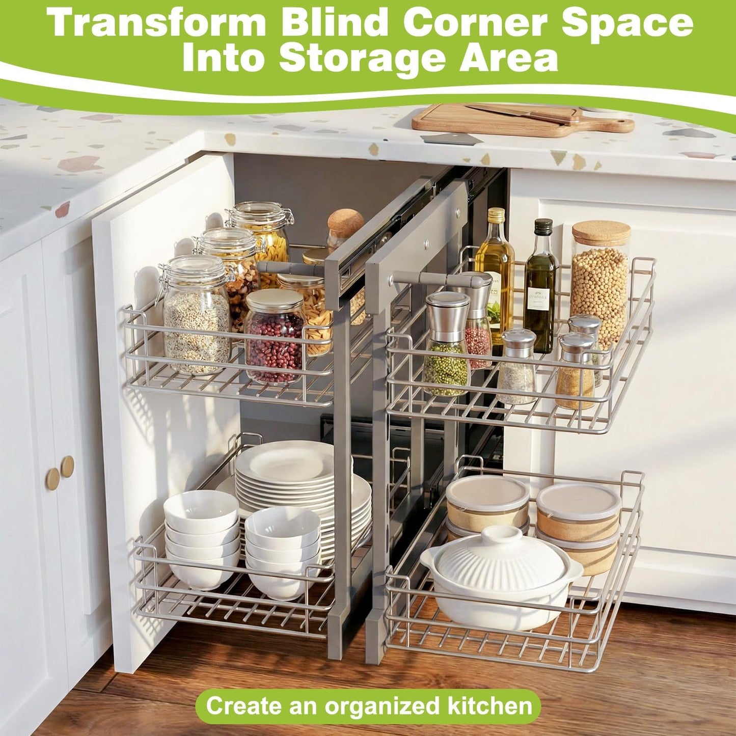Blind Corner Cabinet Pull Out Organizer, Soft Close Swing Right Pull Out Cabinet Organizer 36inch, Corner Cabinet Lazy Susan for Corner Cabinet Blind Shelf, 2 Tiers Tray, Adjustable Height