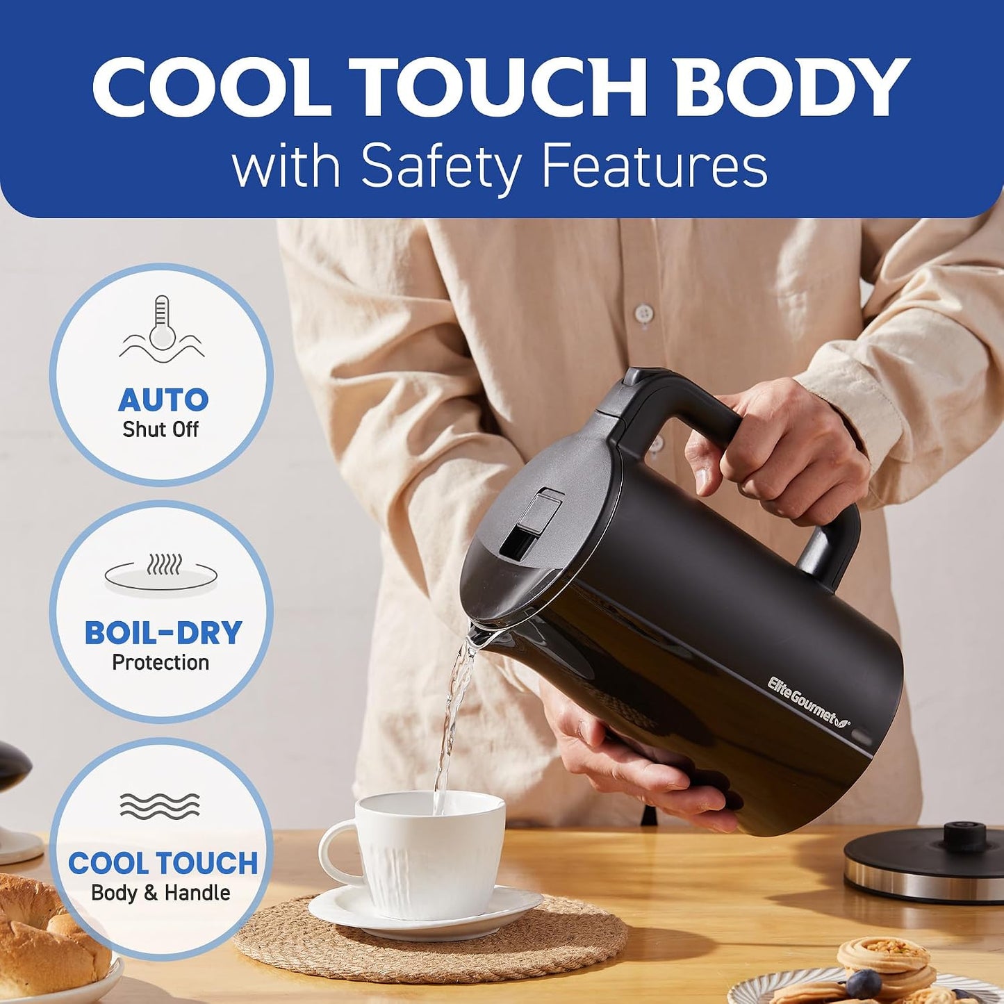 Elite Gourmet 1.7L Cool-Touch 1500W Fast Boil Kettle, Double Wall, Black | Fully Stainless Steel Lid & Interior, BPA-Free, Auto Shut-Off