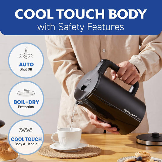 Elite Gourmet 1.7L Cool-Touch 1500W Fast Boil Kettle, Double Wall, Black