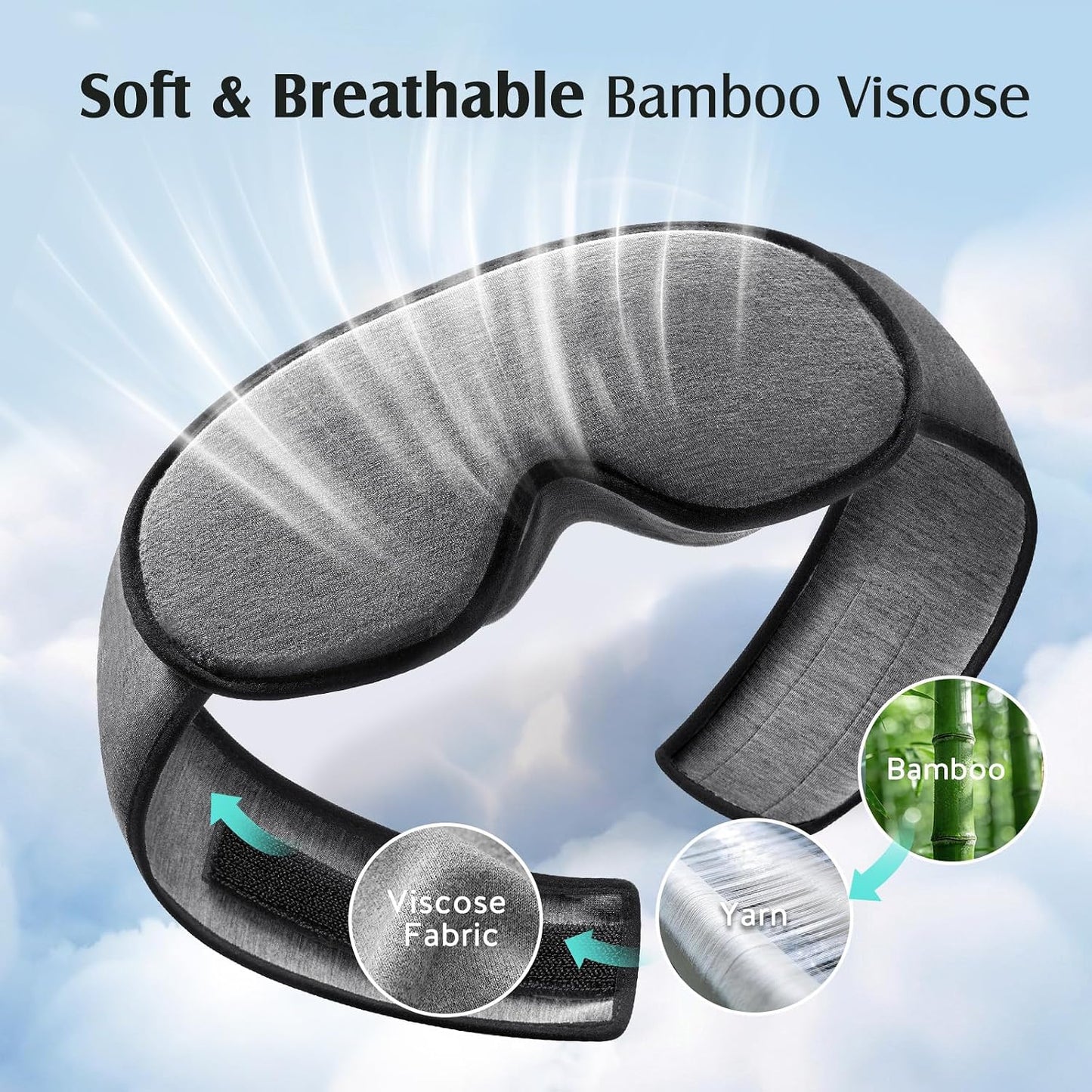 YFONG Sleep Mask for Side Sleepers Women Men, Soft & Breathable Bamboo Viscose Eye Mask for Sleeping, 100% Blackout 3D Eye Cover, Wider Adjustable Hook & Loop Straps for Ultra Comfort, Light Gray