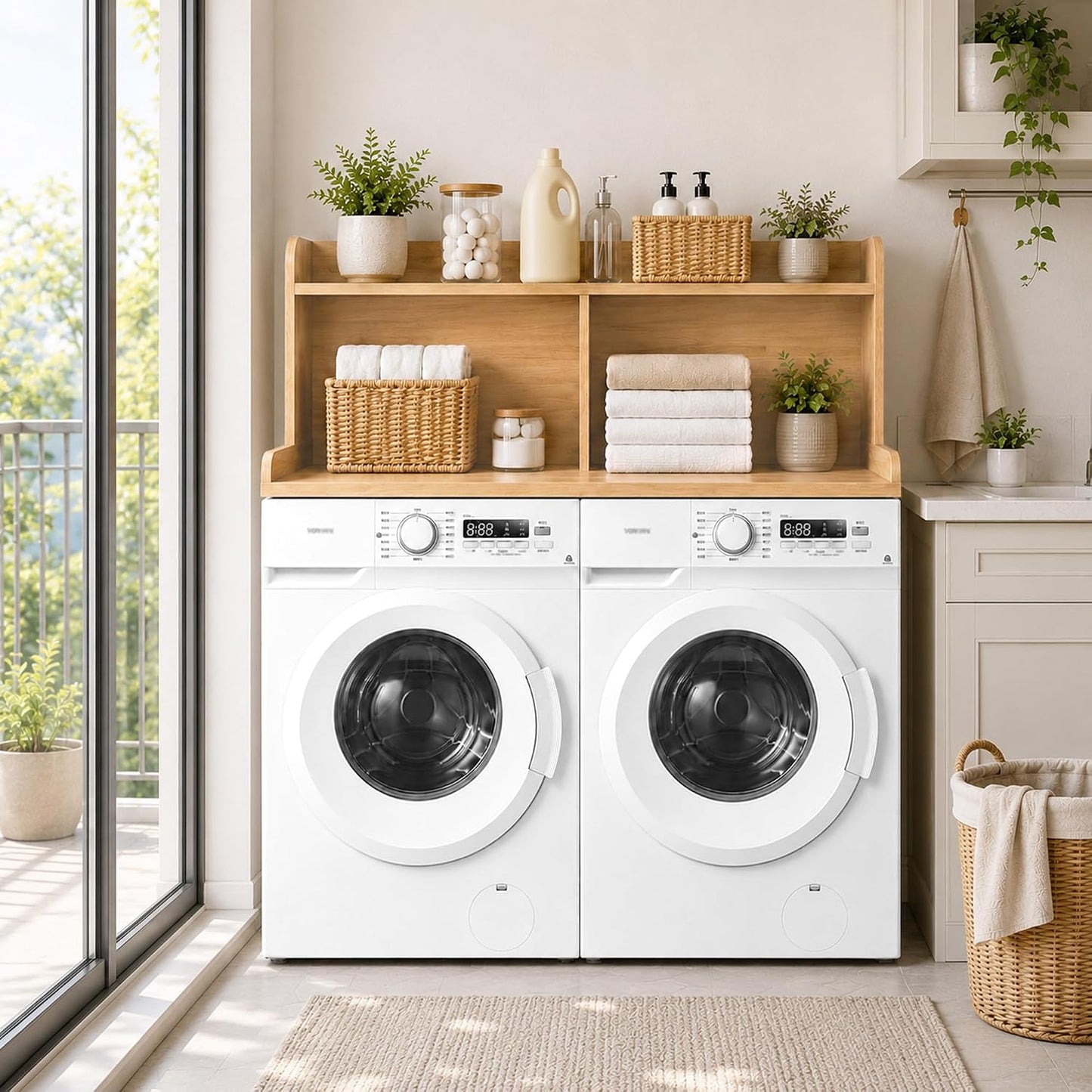 Royxen Washer Dryer Countertop with Extra Tall Shelf, 19" Height Washer and Dryer Topper, Laundry Countertop with Non-Slip Pads, Universal Fit for Laundry Room Organization, Walnut