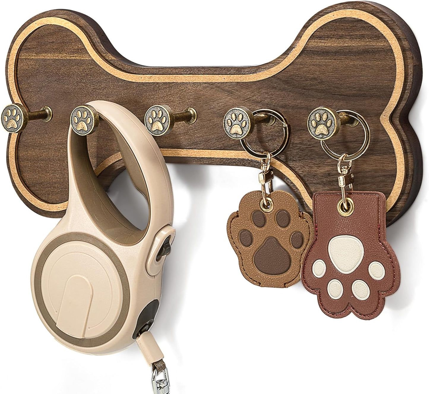 MTERSN Dog Leash Holder Wall Mount with 3D Paws Hooks, Distressed White | Bone-Shaped Dog Leash Holder for Wall, Leash Holder, 5 Dog Leash Hook, Pet Accessories Storage, Gift for Dog Lovers