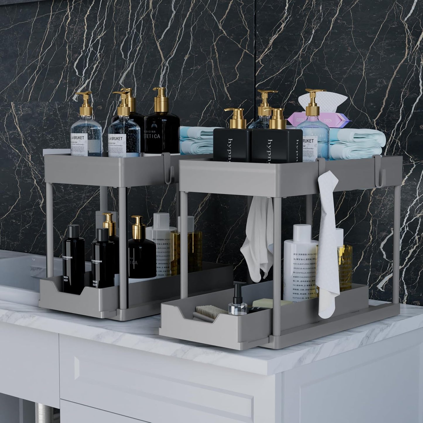 DEKAVA Under Sink Organizer 2 Pack, Bathroom Cabinet Organizer, 2 Tier Sliding Cabinet Basket Organizer Drawer, Multi-Purpose Bath Collection Baskets for Bathroom (Black)