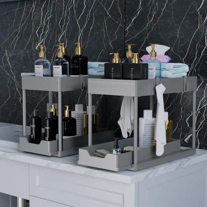 DEKAVA Under Sink Organizer 2 Pack, Bathroom Cabinet Organizer, 2 Tier Sliding Cabinet Basket Organizer Drawer, Multi-Purpose Bath Collection Baskets for Bathroom (Black)
