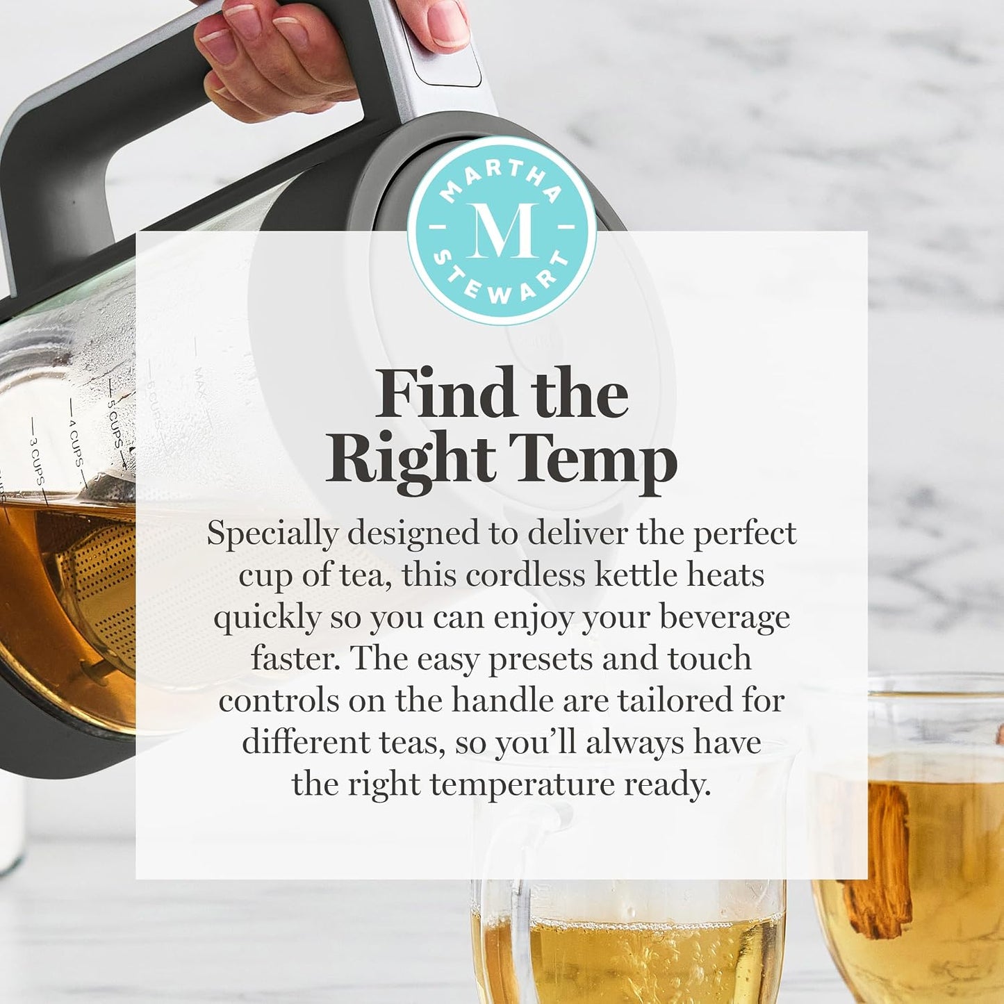 Martha Stewart 1.7L Glass Carafe Electric Kettle with Removable Tea Infuser | 7 Cups, 4 Presets, Rapid Boiling, Stainless Steel Tea Leaf Infuser, Cordless Swivel Base, Keep Warm, Auto Shut-Off, Linen