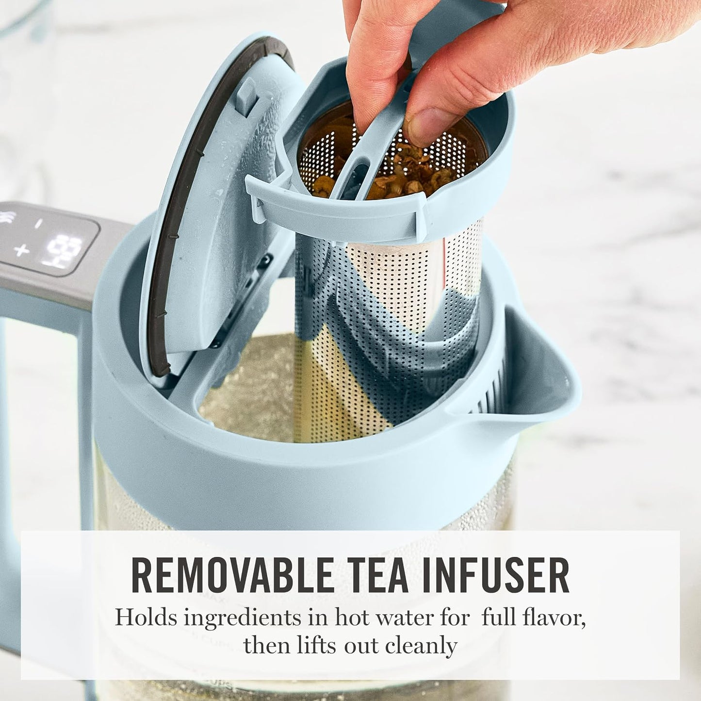 Martha Stewart 1.7L Glass Carafe Electric Kettle with Removable Tea Infuser | 7 Cups, 4 Presets, Rapid Boiling, Stainless Steel Tea Leaf Infuser, Cordless Swivel Base, Keep Warm, Auto Shut-Off, Linen