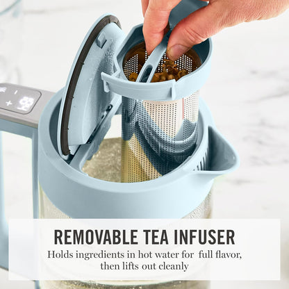 Martha Stewart 1.7L Glass Carafe Electric Kettle with Removable Tea Infuser | 7 Cups, 4 Presets, Rapid Boiling, Stainless Steel Tea Leaf Infuser, Cordless Swivel Base, Keep Warm, Auto Shut-Off, Linen