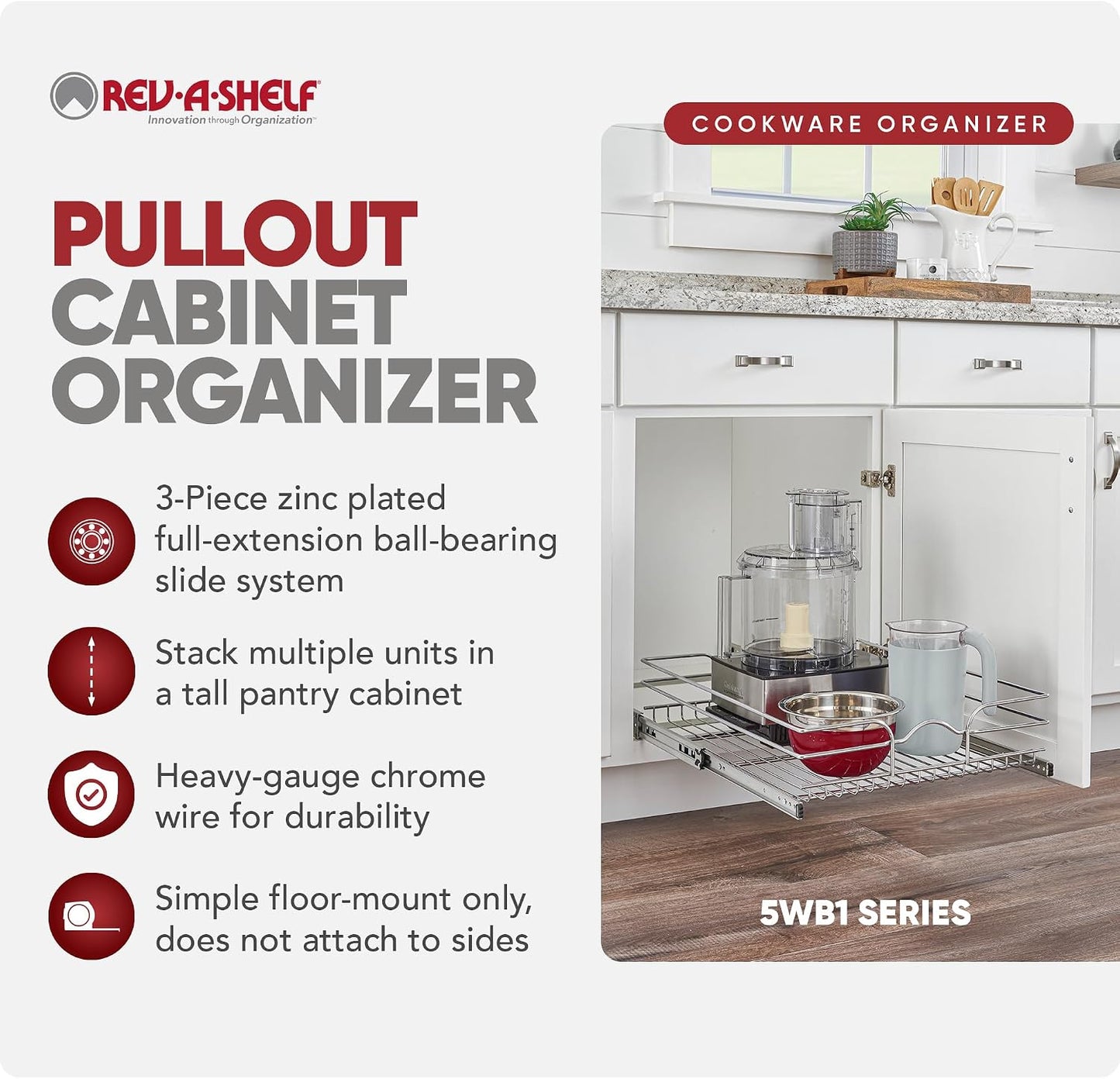 Rev-A-Shelf Pullout Organizer for Cabinets, Min Opening Width of 18" | STwo-Tier Steel Shelf for Kitchen or Vanity Cabinet Organization, Heavy Gauge Wire Slide Out Storage Basket, 5WB2-1822CR-1