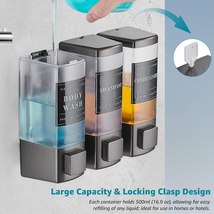 Shampoo and Conditioner Dispenser for Shower, 3 Chamber, Black | Wall Mounted, No Drill, 3×16.9oz, ABS Plastic Material, Refillable With Labels, For Bathroom Hotel