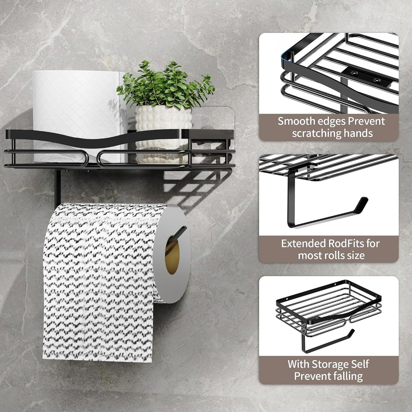 YIGII Toilet Paper Holder with Shelf, Adhesive or Drilling Toilet Paper Roll Holder for Bathroom, Rustproof Tissue Roll Holder Wall Mounted for Wipe Storage (Silver)