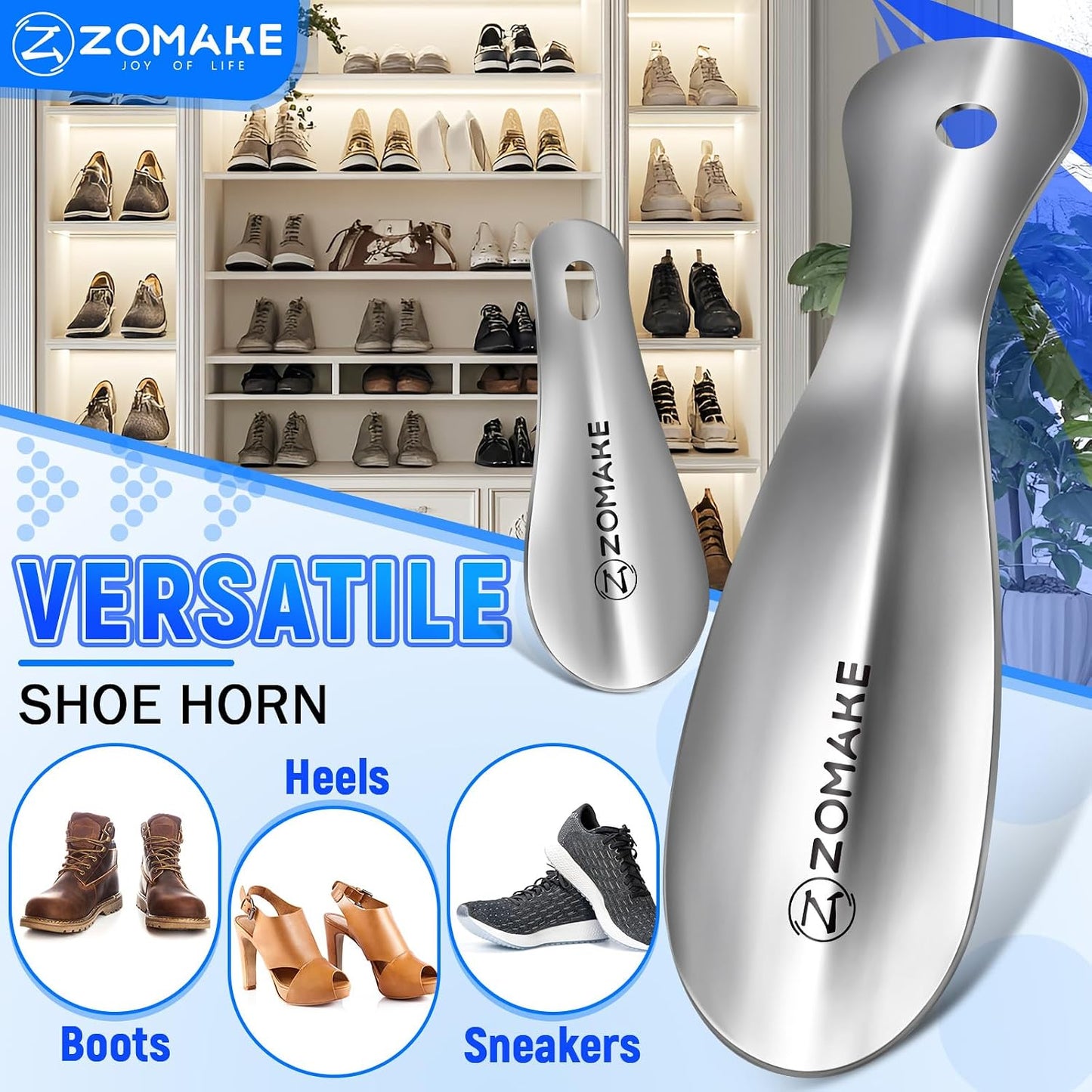 ZOMAKE Metal Shoe Horn, Small Travel Shoehorn for Men Women Kids 7.5''&3.9" | 3 Pack Stainless Steel Portable Shoe Spoon Helper, Compact Travel Size, Built-In Hang Hole, Smooth Rounded Curve, Shoe Care