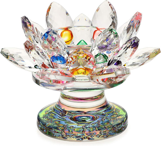 OwnMy Crystal Lotus Flower Tea Light Holder Lotus Candle Stand with Base | Crystal Lotus Flower Candlestick Holder, Glass Lotus Votive Candle Holder for Home Decors Windowsill Wedding Party, Colorful