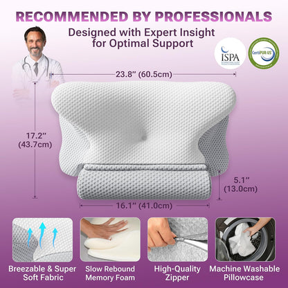 3-in-1 Orthopedic Pillow, Cervical Neck Pillow for Sleeping, Adjustable Height Memory Foam Neck Pillow and Detachable Roll, Contour Pillow for Neck Pain Relief for All Sleeping Positions (Gray)