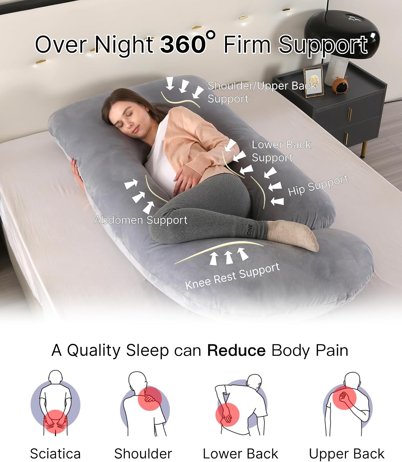 ALLOPERA Pregnancy Pillows for Sleeping, 57-Inch U-Shaped Full Body Maternity Pillow with Adjustable Fill and Removable Washable Cover, Back, Belly, Hip and Leg Support for Pregnant Women, Black Grey