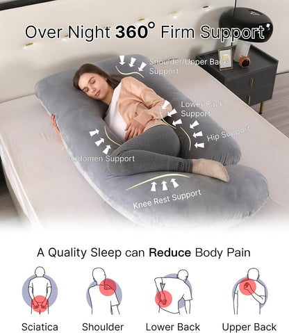ALLOPERA Pregnancy Pillows for Sleeping, 57-Inch U-Shaped Full Body Maternity Pillow with Adjustable Fill and Removable Washable Cover, Back, Belly, Hip and Leg Support for Pregnant Women, Black Grey
