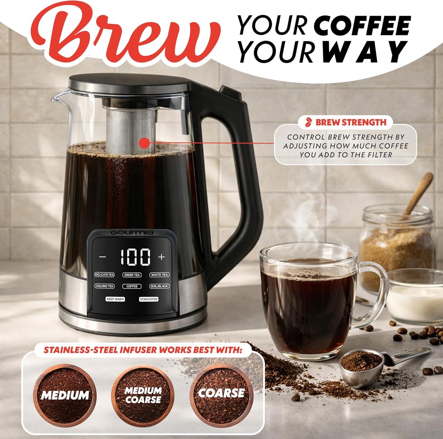 Gourmia Electric Glass Kettle – 1.7L Programmable Tea & Coffee Brewer with Digital Touch Display, 6 Presets, Removable Stainless Steel Infuser, Cordless with 360° Swivel Base, Black