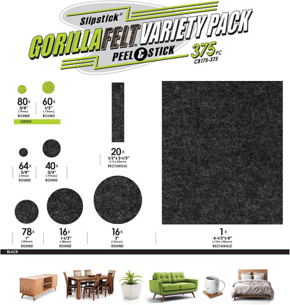 Slipstick Gorilla Felt Furniture Pads (189 Piece Variety Pack) Premium Furniture Pads & Chair Leg Floor Protectors for Hardwood Floors & Hard Surfaces