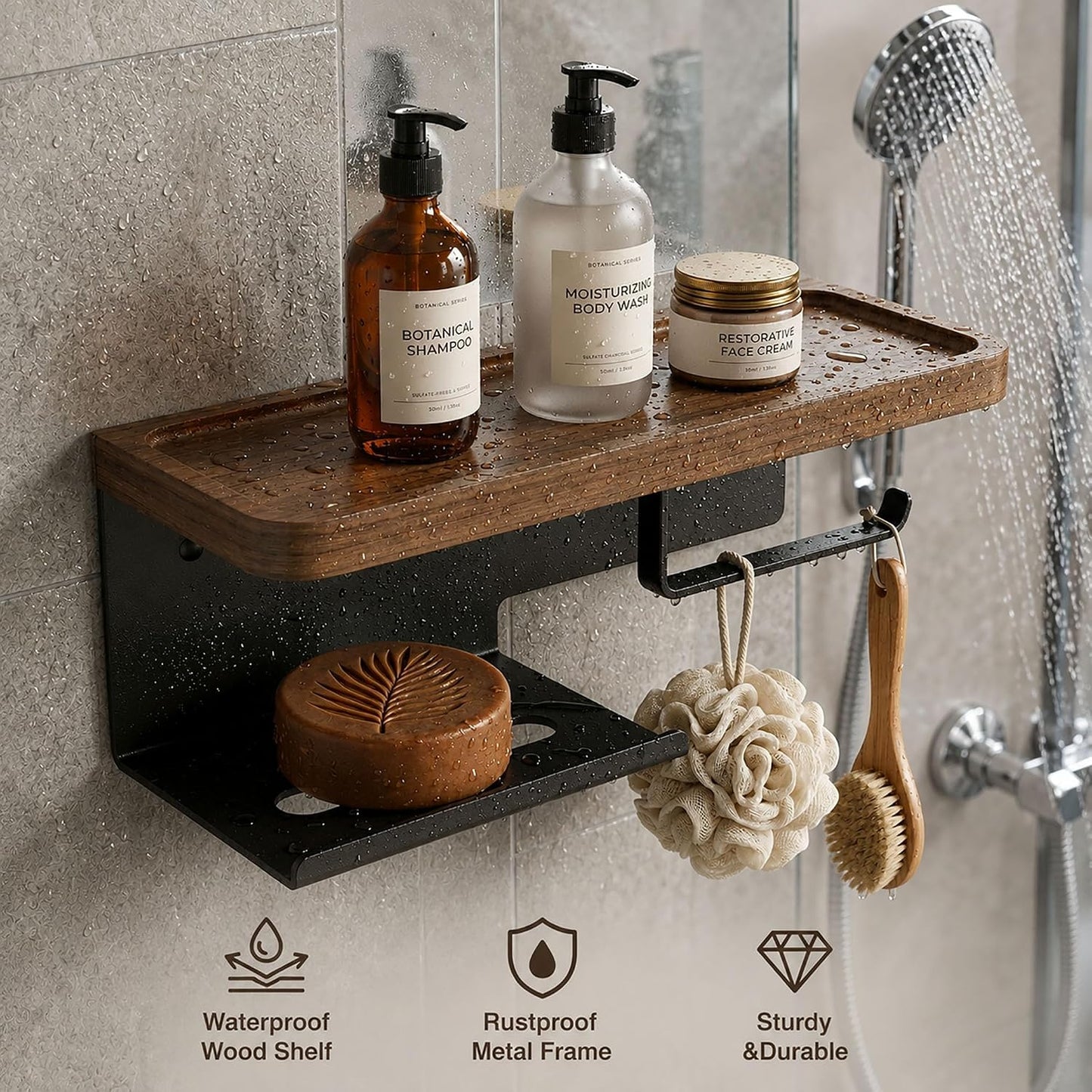 Toilet Paper Holder with Wide Walnut Shelf, Wall Mount Matte Black | 14.29 X 4.8 in Wide Solid Wood Shelf with Waterproof Finish,Rust-Resistant SUS304 Stainless Steel,Adhesive or Screw Mount