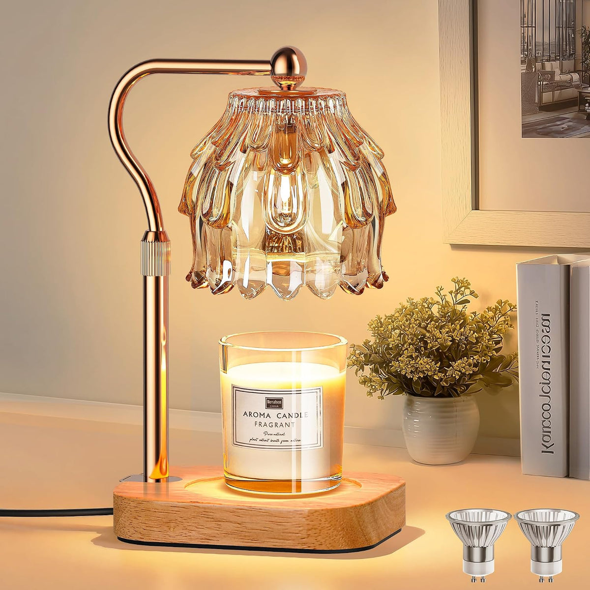 Candle Warmer Lamp with Timer Dimmer, Modern Wax Warmer for Scented Wax Jar Candle Warmer with 2 Bulbs, Adjustable Height Glass Lamp for Gifts for Women, Home Decor, Gold Amber