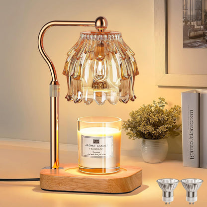 Candle Warmer Lamp with Timer Dimmer, Modern Wax Warmer for Scented Wax Jar Candle Warmer with 2 Bulbs, Adjustable Height Glass Lamp for Gifts for Women, Home Decor, Gold Amber