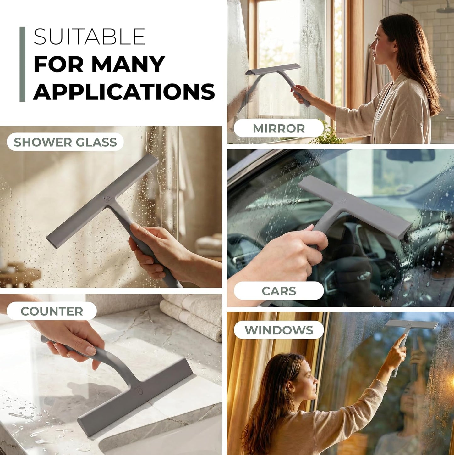 Silicone Shower Squeegee with 3-in-1 No-Drill Mount, Black, 9'' | Squeegee for Glass Doors & Mirrors with Stainless Steel Core, Streak-Free & No-Squeak Window Cleaning, Hook/Suction/Adhesive