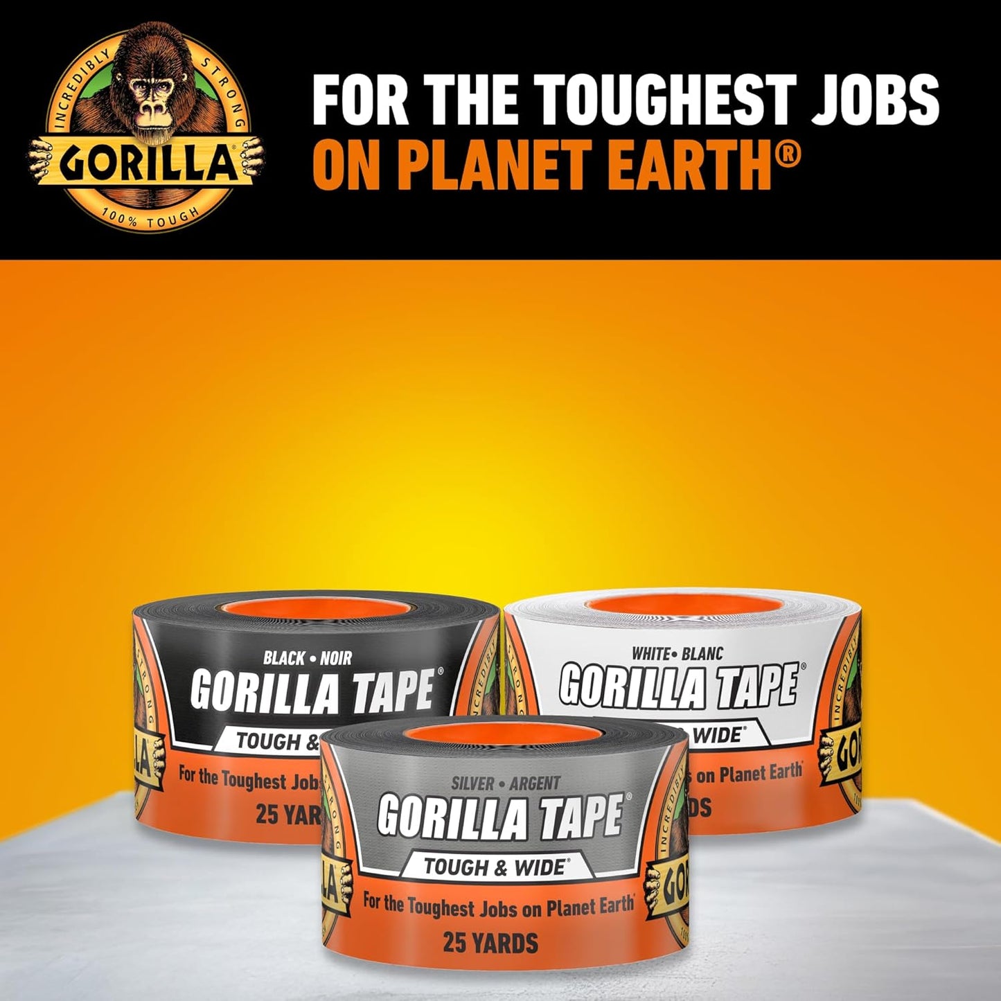Gorilla Tough & Wide Heavy Duty Duct Tape, Black, 2.88" x 25 yd, 1-Pack | Weather Resistant, Indoor & Outdoor Use, Double-Thick Adhesive, Reinforced Backing, Hand-Tearable