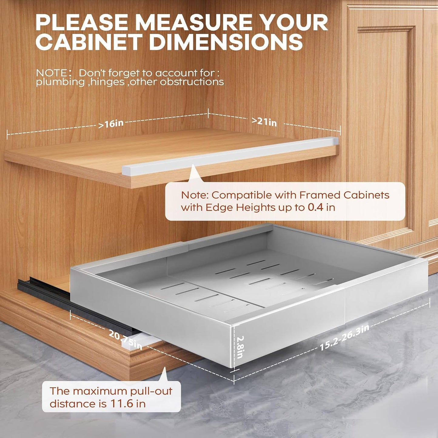 Seinloes 2Pack Expandable Pull Out Cabinet Organizer 21"Deep With Raising Pad for Framed Cabinets, Upgrade 3 Slide Rails Slide Out Drawers, Roll Out Shelves Adhesive,Adjustable Width 12.05"-20.4"White