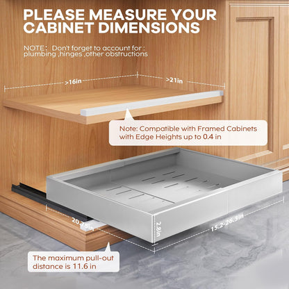 Seinloes 2Pack Expandable Pull Out Cabinet Organizer 21"Deep With Raising Pad for Framed Cabinets, Upgrade 3 Slide Rails Slide Out Drawers, Roll Out Shelves Adhesive,Adjustable Width 12.05"-20.4"White