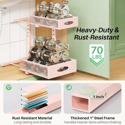 Under Sink Organizer, 2-Pack Pull Out Cabinet Organizer 2 Tier Metal Slide Out Storage Shelf Rack, L-Shaped Adjustable Height,Mesh Sliding Drawer for Kitchen, Bathroom, Laundry, Pantry, White, XL