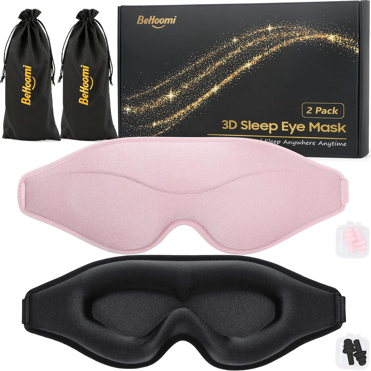 BeHoomi Sleep Mask, Premium Eye Mask for Sleeping, Total Blackout, Super Soft Comfort, Adjustable Fit, Upgraded 3D Ergonomic Designed Sleeping Mask for Home, Office, Travel, Meditation, Yoga, Pink